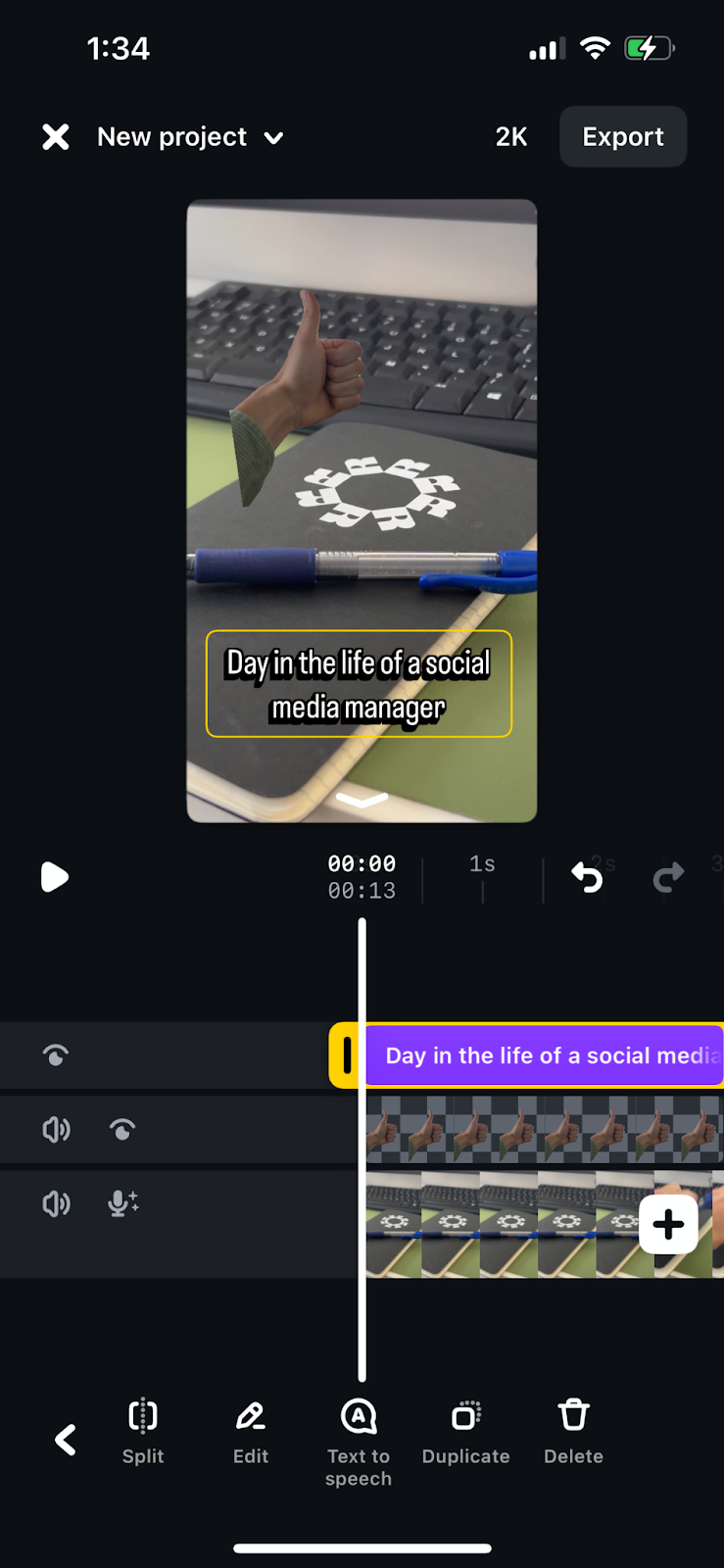 A view of the in-app video editing screen