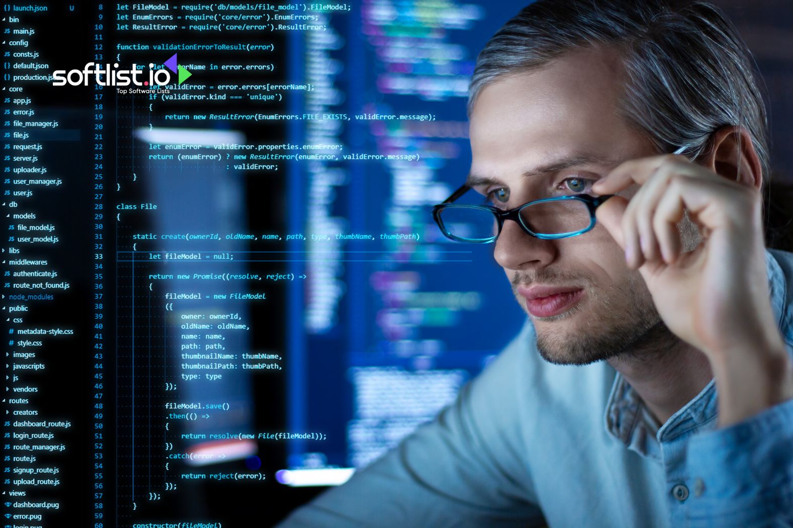 A close-up of a focused programmer adjusting glasses while analyzing computer code