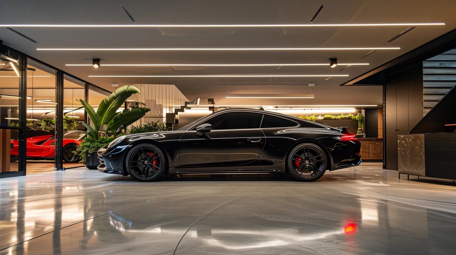 a sleek, newly-coated car gleams under the bright lights of a modern garage in mosman, showcasing its flawless, high-gloss finish while surrounded by premium detailing tools, emphasising the transformative benefits of ceramic coating.