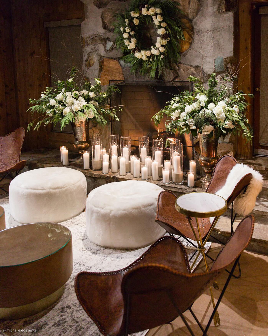 winter wedding decorations place setting fireplace michelleleoevents