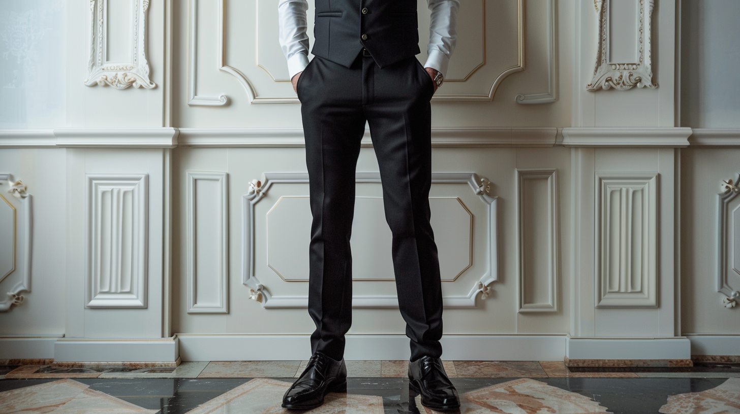 Man in a black three-piece wedding suit including a vest, crisp white shirt, and formal shoes. Elegant indoor or church wedding backdrop, refined and polished style.