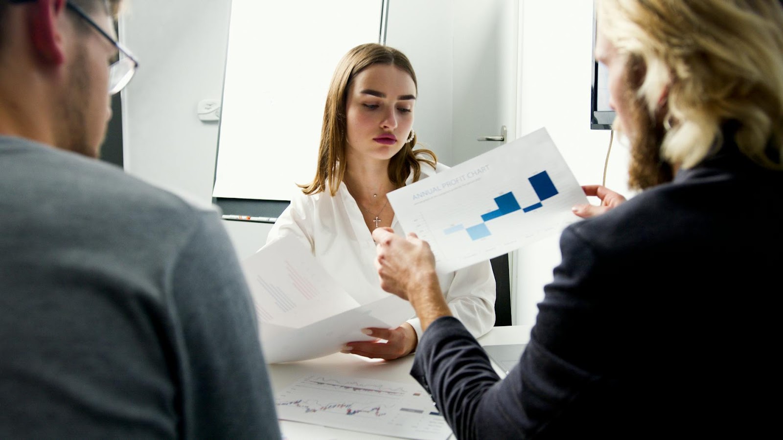 Business team in a meeting analyzing annual profit charts in a modern office.