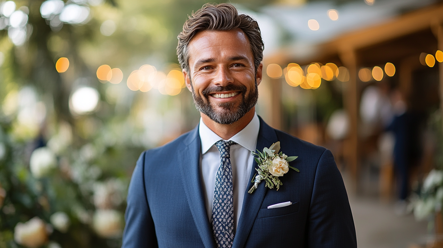 
A well-dressed man wearing a tailored navy blue wedding suit, styled with a patterned tie featuring subtle designs like stripes, polka dots, or paisley. The tie adds character while maintaining an elegant and sophisticated look. Alternatively, the man wears a stylish bow tie, offering a classic yet modern touch for grooms. The suit’s rich navy fabric contrasts beautifully with the crisp dress shirt, enhancing the refined wedding ensemble. Soft, natural lighting highlights the textures and details, with a blurred background suggesting a luxurious wedding venue. Photorealistic, ultra-HD, cinematic lighting