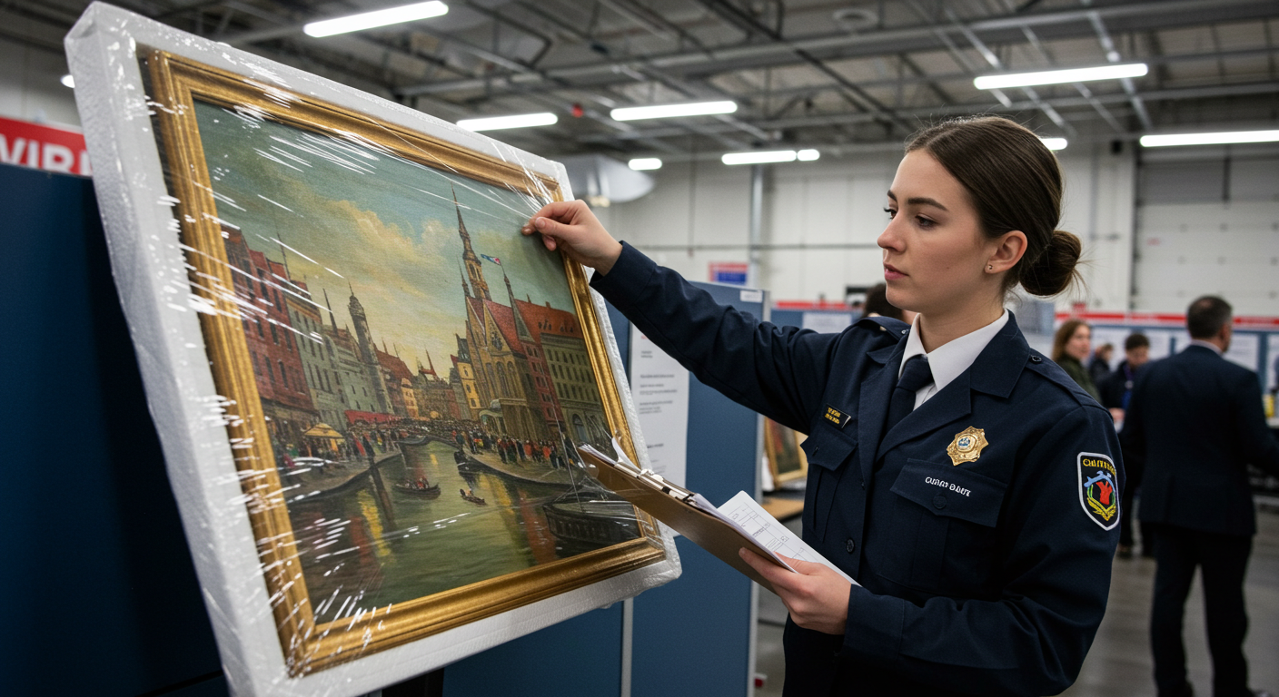 Female customs officer inspecting a painting before international export