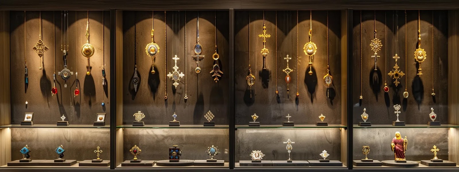 a stylish display of custom religious pendants is showcased in a modern boutique, featuring intricate designs and vibrant colors against a sleek, minimalist backdrop.