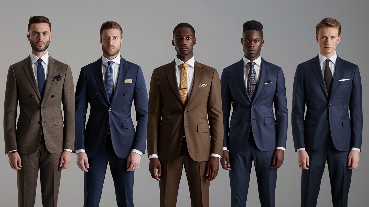 Five men standing in a row, each wearing a different suit style: single-breasted, double-breasted, one-button, two-button, and three-button suits. Styles range from versatile to bold and formal. Neutral and dark suit tones like navy, charcoal, and black. Clean, minimal background to highlight design and button placement.