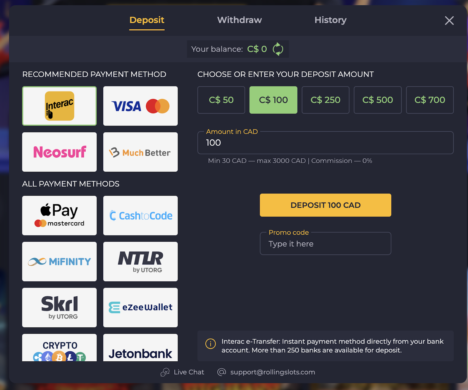 Rollling Slots Casino Payment Methods