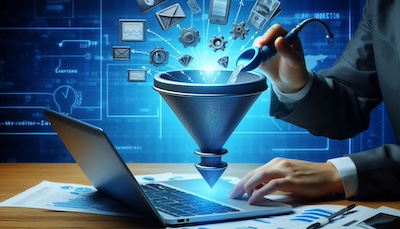 A blue coloured funnel with digital symbols flowing through it.