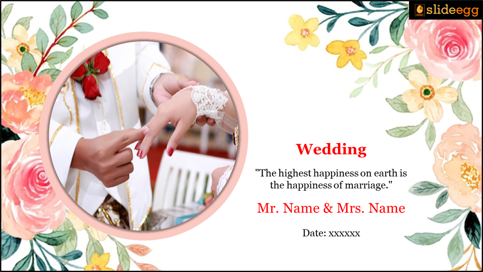 Elegant wedding invitation with floral border and hands exchanging rings, symbolizing marital bliss.