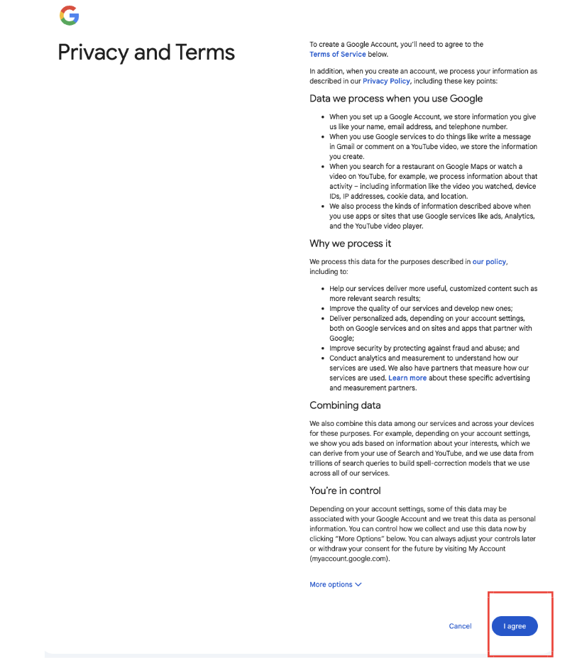 Agreeing to the privacy policy of Gmail