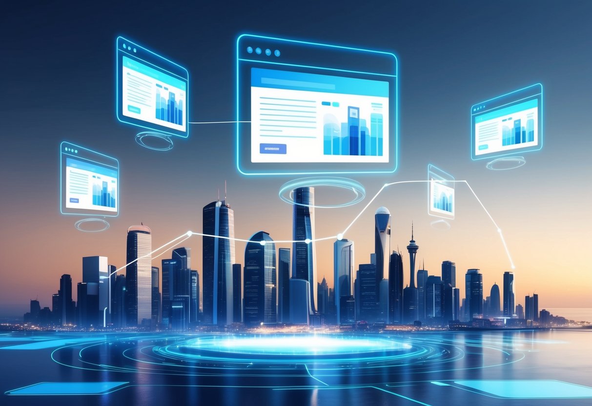 A futuristic city skyline with holographic e-commerce websites floating in the air, showcasing various price breakdowns for website development in 2025