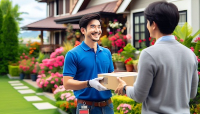 A delivery person handing a box to a male customer with a nice garden and home in the background.