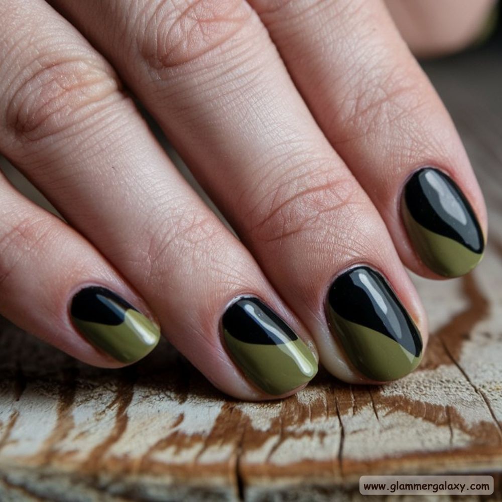 Olive green nails with Olive and Black for a Striking Contrast