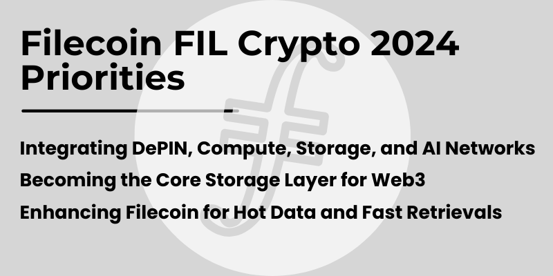 Filecoin FIL Crypto 2024 Priorities: Integrating DePIN, Compute, Storage, AI Networks, Core Storage Layer for Web3, Enhancing Hot Data Retrieval.