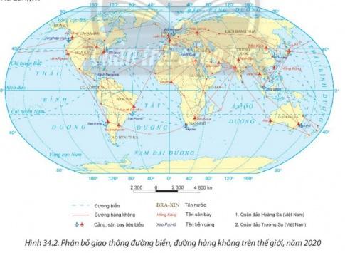 BÀI 34: ĐỊA LÍ NGÀNH GIAO THÔNG VẬN TẢII. VAI TRÒ VÀ ĐẶC ĐIỂM1. Vai tròCâu 1: Dựa vào thông tin trong bài và những hiểu biết của bản thân, em hãy trình bày và cho ví dụ về vai trò của ngành giao thông vận tải.Gợi ý đáp án:- Là ngành dịch vụ quan trọng, là khâu không thể thiếu trong sản xuất, giúp quá trình sản xuất và tiêu thụ được diễn ra liên tục liên tục.- Giúp nhu cầu đi lại của toàn xã hội được diễn ra thuận tiện và thông suốt.- Tạo các mối liên kết kinh tế - xã hội giữa các địa phương trong quốc gia, đồng thời tăng cường các mối giao lưu, hợp tác quốc tế.- Thúc đẩy các ngành kinh tế khác phát triển, làm thay đổi phân bố sản xuất và dân cư trên thế giới.- Góp phần khai thác hiệu quả các nguồn lực sẵn có của mỗi vùng, quốc gia.2. Đặc điểmCâu 2: Dựa vào thông tín trong bài và những hiểu biết của bản thân, em hãy trình bày đặc điểm của ngành giao thông vận tải và cho ví dụ.Gợi ý đáp án:- Thông qua quá trình dịch chuyển từ nơi này đến nơi khác mà hàng hoá tăng thêm giá trị.- Các tiêu chí đánh giá dịch vụ vận tải gồm: khối lượng vận chuyển (tính bằng số khách và số tấn hàng hoá được vận chuyển), khối lượng luân chuyển (tính bằng người.km hoặc tấn.km) và cự li vận chuyển trung bình (tính bằng km); sự tiện nghỉ, an toàn cho hành khách và hàng hoá; ảnh hưởng đến môi trường,...- Là khâu quan trọng trong dịch vụ logistic.- Có sự phân bố đặc thù theo mạng lưới với các tuyến và đầu mối giao thông.II. CÁC NHÂN TỐ ẢNH HƯỞNG TỚI SỰ PHÁT TRIỂN VÀ PHÂN BỐ NGÀNH GIAO THÔNG VẬN TẢICâu 3: Dựa vào thông tin trong bài và những hiểu biết của bản thân, em hãy:- Phân tích các nhân tố ảnh hưởng tới sự phát triển và phân bố ngành giao thông vận tải.- Cho biết nhân tố ảnh hưởng nào quyết định tới sự phát triển và phân bố ngành giao thông vận tải. Vì sao?Gợi ý đáp án: 1. Vị trí địa lí: ở các đầu mối giao thông quan trọng thì mạng lưới giao thông tương đối dày đặc, với các loại hình đa dạng, khối lượng vận chuyển và khối lượng luân chuyển dịch vụ vận tải lớn. 2. Nhân tố tự nhiên: ảnh hưởng tới sự phân bố và hoạt động của các loại hình giao thông vận tải, trong đó nổi bậc nhất là địa hình, khí hậu. 3. Nhân tố kinh tế - xã hội: ảnh hưởng đến việc lựa chọn loại hình, mật độ vận tải.  - Phân bố dân cư (đặc biệt là sự phân bố các thành phố lớn và các chùm đô thị) ảnh hưởng sâu sắc tới vận tải hành khách.  - Khoa học - công nghệ ảnh hưởng đến tốc độ vận chuyển, việc hiện đại hoá và nâng cao chất lượng các phương tiện vận tải, quá trình điều hành và quản lí giao thông vận tải.  - Vốn đầu tư và chính sách tác động tới sự phát triển mạng lưới và mức độ hiện đại hoá hệ thống hạ tầng giao thông vận tải.III. TÌNH HÌNH PHÁT TRIỂN VÀ PHÂN BỐ CÁC NGÀNH GIAO THÔNG VẬN TẢI TRÊN THẾ GIỚI1. Đường ô tôCâu 4: Dựa vào hình 34. 1, thông tin trong bài và hiểu biết của bản thân, em hãy:- Trình bày tình hình phát triển và phân bố của đường tô tô trên thế giới.- Kể tên một số tuyến đường cao tốc ở Việt Nam hiện nay.Gợi ý đáp án:- Tình hình phát triển: + Phương tiện ngày càng cải tiến, sự tiện nghỉ và độ an toàn cao, thân thiện với môi trường,...+ Số lượng ô tô trên thế giới không ngừng tăng lên, trong đó tăng mạnh nhất là phương tiện ô tô thân thiện với môi trường và có độ an toàn cao.+ Mạng lưới đường sá ngày càng phát triển, tổng chiều dài đường ô tô không ngừng tăng lên, nhất là hệ thống đường cao tốc.- Phân bố: Mật độ đường ô tô tập trung nhiều nhất ở Hoa Kỳ, Trung Quốc, Ấn Độ, các nước EU. * Một số tuyến đường cao tốc ở Việt Nam hiện nay: Cao Tốc HCM - Trung Lương; Cao tốc HCM - Trung Lương; Cao tốc Long Thành – Bến Lức; Đường cao tốc Thành phố Hồ Chí Minh – Long Thành – Dầu Giây; Cao tốc Nội Bài - Hạ Long - Móng Cái 2. Đường sắtCâu 5: Dựa vào hình 34.1, thông tin trong bài và hiểu biết của bản thân, em hãy:- Trình bày tình hình phát triển và phân bố của đường sắt trên thế giới.- Kể tên một số tuyến đường sắt hiện có ở Việt Nam hiện nay.Gợi ý đáp án:- Tình hình phát triển:+ Hiện nay có nhiều sự đổi mới về sức kéo, đường ray, tải trọng, tốc độ di chuyển, công nghệ vận hành,... nhằm đáp ứng nhu cầu vận tải ngày càng tăng.+ Tốc độ chạy tàu ngày càng nhanh hơn, an toàn và tiện nghi hơn, điển hình như tàu điện Phục Hưng (Trung Quốc) đạt 350 km/h, tàu TGV (Pháp) và tàu Sin-can-sen (Nhật Bản) đạt 320 km/h,...+ Trên thế giới có hơn 1,37 triệu km đường sắt (năm 2020) với nhiều loại hình như đường sắt trên mặt đất, đường sắt trên cao, đường sắt dưới lòng đất,..+ Tại các đô thị lớn trên thế giới, hệ thống tàu điện cũng được chú trọng phát triển để đáp ứng nhu cầu vận tải của hành khách trong đô thị.- Phân bố: ở khu vực Tây Âu, Bắc Mỹ, Đông Á. Hoa Kỳ, Trung Quốc, Liên bang Nga, Ấn Độ,... là những quốc gia có chiều dài đường sắt lớn trên thế giớ* Một số tuyến đường sắt hiện có ở Việt Nam hiện nay: Tuyến đường sắt Hà Nội – TP Hồ Chí Minh; Tuyến đường sắt Hà Nội – Hải Phòng; Tuyến đường sắt Hà Nội – Lào Cai;  Tuyến đường sắt Kép – Uông Bí – Hạ Long; Tuyến đường sắt Kép – Lưu XáIII. TÌNH HÌNH PHÁT TRIỂN VÀ PHÂN BỐ CÁC NGÀNH GIAO THÔNG VẬN TẢI TRÊN THẾ GIỚI ( TIẾP)3. Đường sông, hồCâu 6: Dựa vào thông tin trong bài và hiểu biết của bản thân, em hãy:- Trình bày tình hình phát triển và phân bố của đường sông, hồ trên thế giới.- Kể tên các hệ thống sông, hồ có giá trị về giao thông trên thế giới và ở Việt Nam.Gợi ý đáp án:- Tình hình phát triển:+ Phát triển từ rất sớm để đảm nhận vai trò vận tải người và hàng hoá trên các hệ thống sông, hồ tự nhiên.+ Cải tiến phương tiện vận tải, cải tạo hệ thống sông, hồ đã góp phần nâng cao năng lực vận tải đường sông, hồ. + Tiến hành cải tạo sông ngòi, đào các kênh nối liền các lưu vực vận tải đường thuỷ và kết nối với cảng biển để tăng cường khả năng giao thông vận tải.- Phân bố: + Một số hệ thống sông, hồ có khả năng giao thông lớn như sông Ða-nuýp (Danube), sông Rai-nơ (Rhein) ở châu Âu; Trường Giang, sông Mê Công, sông Hằng ở châu Á; sông Mi-xi-xi-pi (Mississippi), sông A-ma-dôn (Amazon), Ngũ Hồ ở châu Mỹ; sông Nin (Nile), sông Công-gô (Congo) ở châu Phi. + Các quốc gia phát triển mạnh: Hoa Kỳ, Liên bang Nga và Ca-na-đa.* Các hệ thống sông, hồ có giá trị về giao thông trên thế giới và ở Việt Nam: s. Hồng; Thái Bình; Đồng Nai; Cửu Long.4. Đường biểnCâu 7: Dựa vào hình 34.2, thông tin trong bài và hiểu biết của bản thân, em hãy:- Trình bày tình hình phát triển và phân bố của đường biển trên thế giới.- Kể tên một số cảng biển lớn và các kênh đào trên thế giới.Gợi ý đáp án:- Tình hình phát triển:+ Phát triển từ rất sớm và chủ yếu là vận tải ven bờ, khối lượng vận chuyển nhỏ, cự ly vận chuyển ngắn.+ Ngày càng mở rộng và kết nối các châu lục, quốc gia trên thế giới.+ Các tàu biển có kích thước và tải trọng ngày càng lớn, công nghệ vận hành được cải tiến để tăng tốc độ, đảm bảo an toàn và chú trọng đến bảo vệ môi trường + Hiện thế giới có hơn 2 triệu tàu biển và số lượng không ngừng tăng lên để đáp ứng nhu cầu vận tải hàng hoá toàn cầu.- Phân bố: + Các nước Nhật Bản, Trung Quốc, Xin-ga-po, Hàn Quốc,... đang sở hữu đội tàu nhiều nhất thế giới. + Các tuyến đường biển nhộn nhịp trên thế giới hiện nay là tuyến kết nối châu Âu qua Ấn Độ Dương với châu Á - Thái Bình Dương; tuyến kết nối hai bên bờ Đại Tây Dương. * Một số cảng biển lớn và các kênh đào trên thế giới: Kênh đào Panama; Kênh đào Suez; Cảng ShangHai; Cảng Busan; Cảng QingDao.III. TÌNH HÌNH PHÁT TRIỂN VÀ PHÂN BỐ CÁC NGÀNH GIAO THÔNG VẬN TẢI TRÊN THẾ GIỚI5. Đường hàng khôngCâu 8: Dựa vào hình 34.2, thông tin trong bài và hiểu biết của bản thân, em hãy:- Trình bày tình hình phát triển và phân bố của đường hàng không trên thế giới.- Kể tên các sân bay và các tuyến hàng không nhộn nhịp nhất trên thế giới hiện nay.Gợi ý đáp án:- Tình hình phát triển: + Là ngành giao thông vận tải non trẻ nhưng có bước phát triển thần tốc nhờ tiến bộ của khoa học - công nghệ và tính ưu việt về tốc độ di chuyển.+ Các máy bay ngày càng hiện đại, vận chuyển được khối lượng lớn hơn, bay quãng đường xa hơn với tốc độ nhanh và an toàn hơn.- Phân bố: + Hiện nay, thế giới có hơn 15 000 sân bay dân dụng đang hoạt động, tập trung chủ yếu ở Bắc Mỹ, Tây Âu và Đông Á. + Các tuyến hàng không nhộn nhịp nhất là tuyến vượt Đại Tây Dương kết nối châu Âu với châu Mỹ, tuyến nối Hoa Kỳ với các nước châu Á - Thái Bình Dương.* Các sân bay và các tuyến hàng không nhộn nhịp nhất trên thế giới hiện nay:  - Sân bay Quốc tế Doha (DOH)   - Sân bay quốc tế Incheon (ICN)  - Sân bay Quốc tế Dubai (DXB)   - Sân bay Quốc tế Sangster (MBJ)  - Sân bay quốc tế Tokyo/ Haneda   - Sân bay Zurich (ZRH)LUYỆN TẬPCâu 1: Vẽ sơ đồ thể hiện vai trò của ngành giao thông vận tải.Gợi ý đáp án:Câu 2: Dựa vào bảng số liệu dưới đây, em hãy tính cự li vận chuyển hàng hoá trung bình của các phương tiện vận tải nước ta, năm 2020 và nhận xét.Gợi ý đáp án:Phương tiện vận tảiCự li vận chuyển trung bình (km)Đường sắt732.1Đường bộ574.7Đường sông211.0Đường biển2186.7Đường hàng không1939.8Tổng số174.1VẬN DỤNG