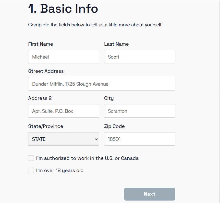 View of the Sharetown form during registration.