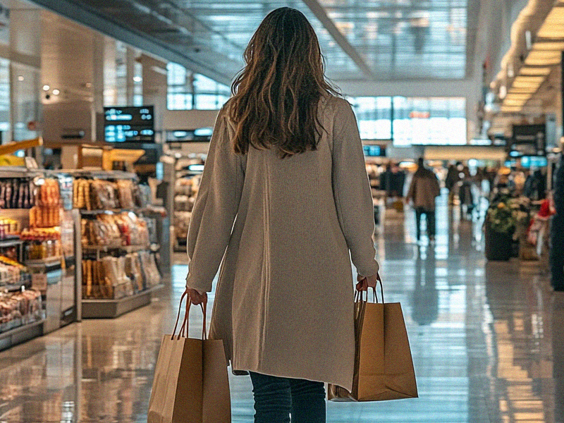 A woman with long hair, wearing a beige coat, walks through the duty-free shopping area at Johannesburg's O.R. Tambo Airport. She carries shopping bags in both hands while surrounded by shelves stocked with snacks, souvenirs, and luxury goods. Shopping is one of the things to do during a layover in Johannesburg's O.R. Tambo Airport.