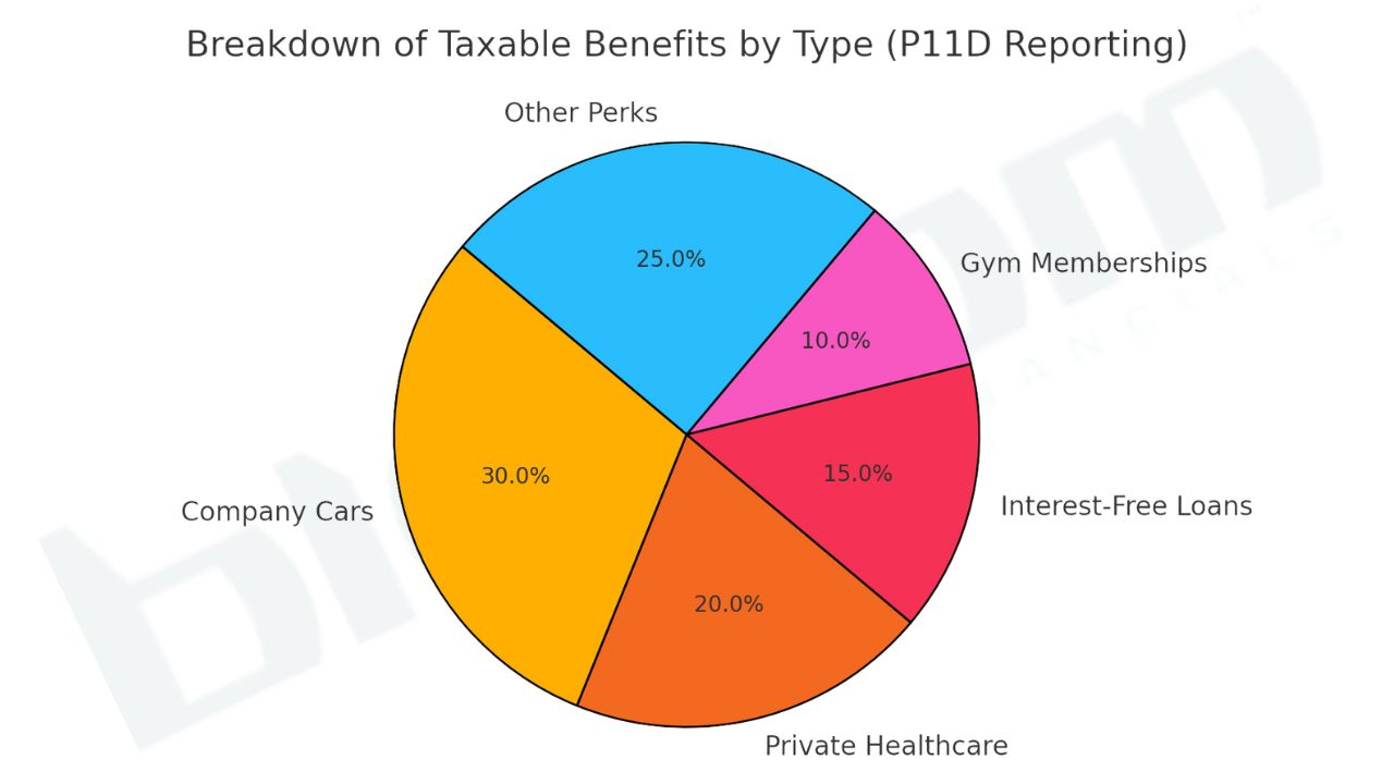 Pie chart showing the percentage distribution of common P11D taxable benefits, including company cars, private healthcare, and loans.