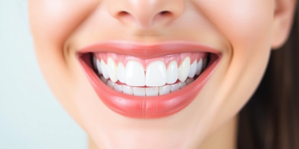 Close-up of a bright, white smile with healthy teeth.