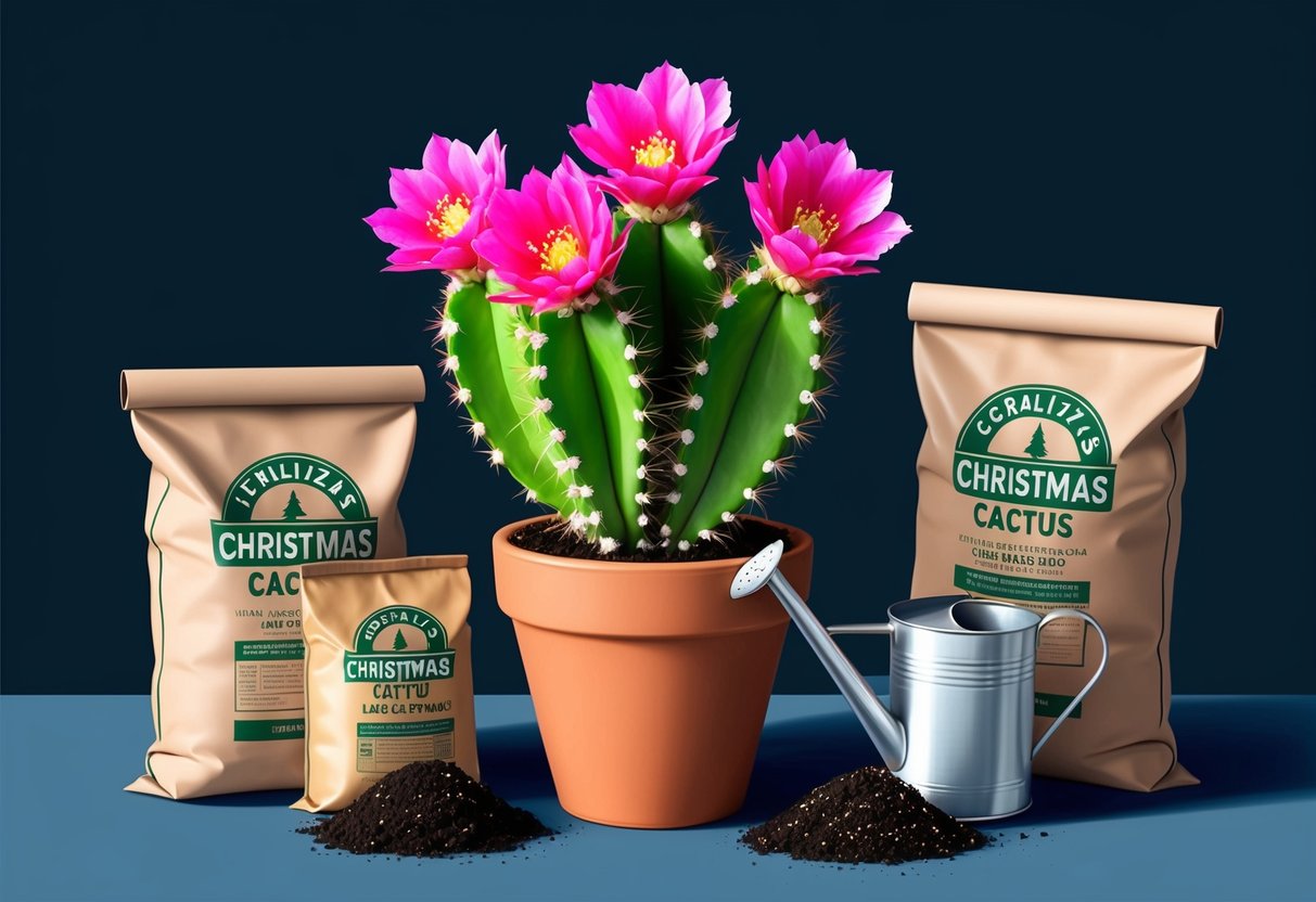 A Christmas cactus sits in a terracotta pot surrounded by bags of soil, fertilizer, and a watering can. The plant is thriving with bright pink blooms