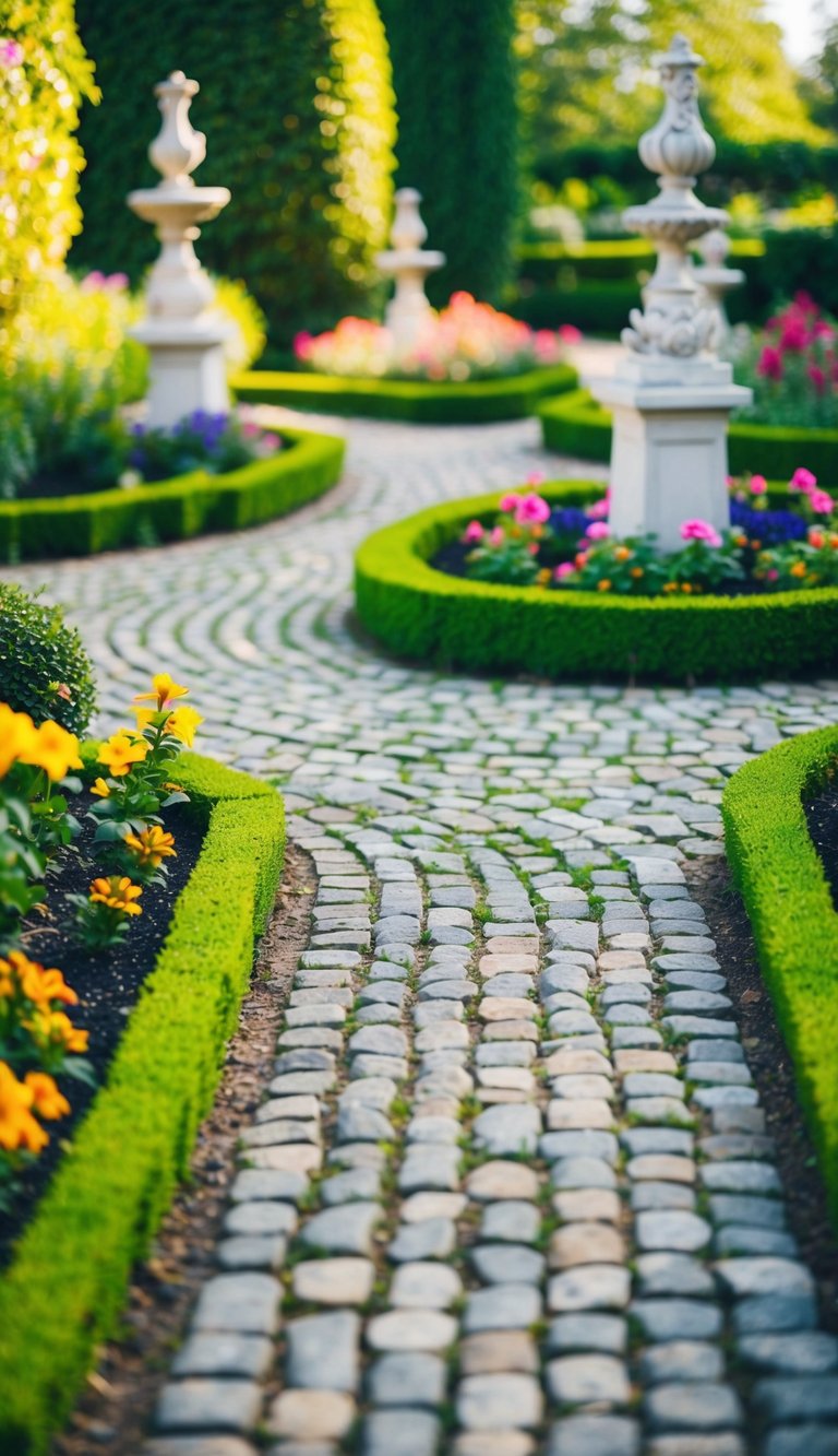 A lush garden with cobblestone mosaic pathways winding around vibrant flower beds and ornate sculptures