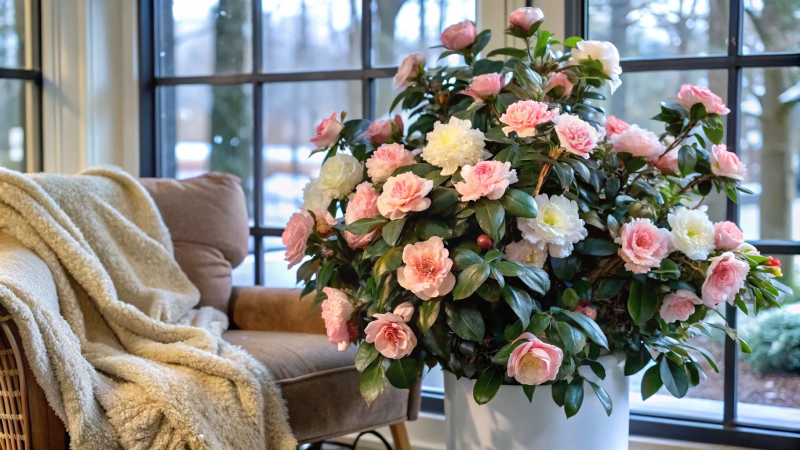 Camélia florescendo em ambiente interno, com flores rosa pálido e brancas, perto de janela com geada.