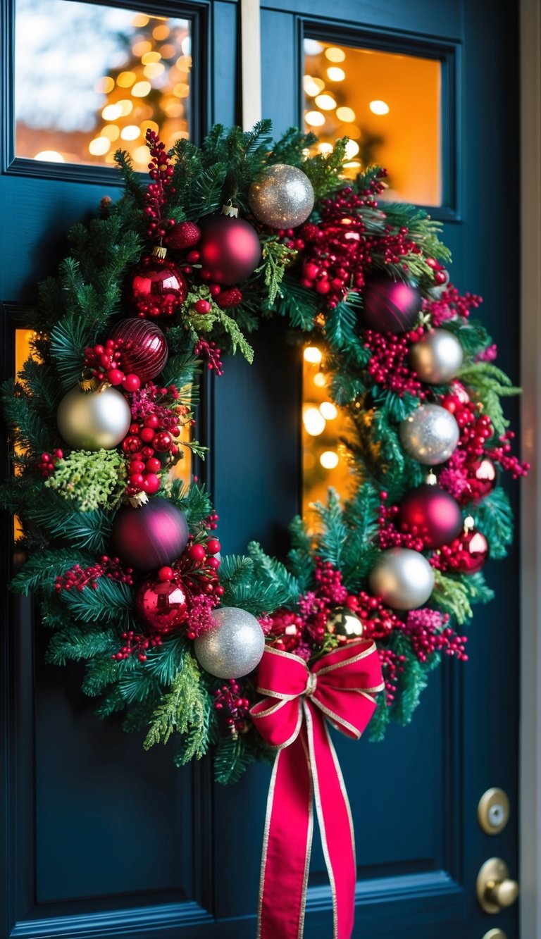 A vibrant, lush floral wreath adorned with festive ornaments and ribbons, hanging on a door with a warm glow of holiday lights in the background