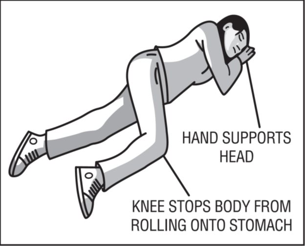 sketch of person laying in recovery position with hands supporting head and knee propped in front of body