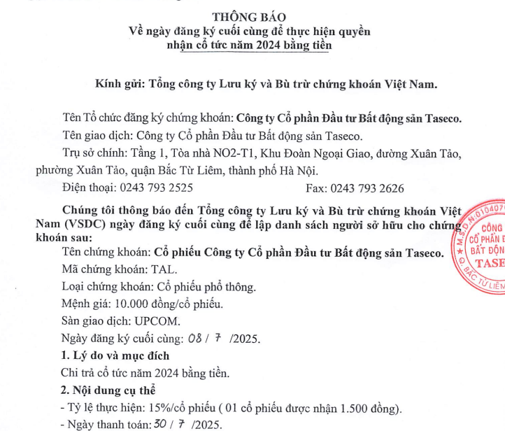 Thông báo số 818/2025 của TAL về ngày đăng ký cuối cùng để thực hiện quyền nhận cổ tức năm 2024 bằng tiền. (Nguồn: TAL)