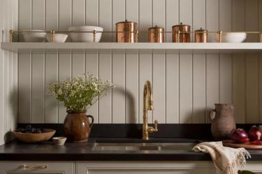 shiplap vs tile backsplashes enhancing your kitchens aesthetic kitchen backsplash with gold finished faucet and floating shelf custom built michigan