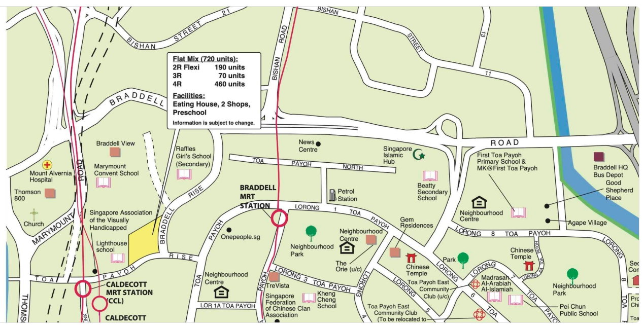 Map showing future HDB flats near Caldecott and Braddell MRT stations