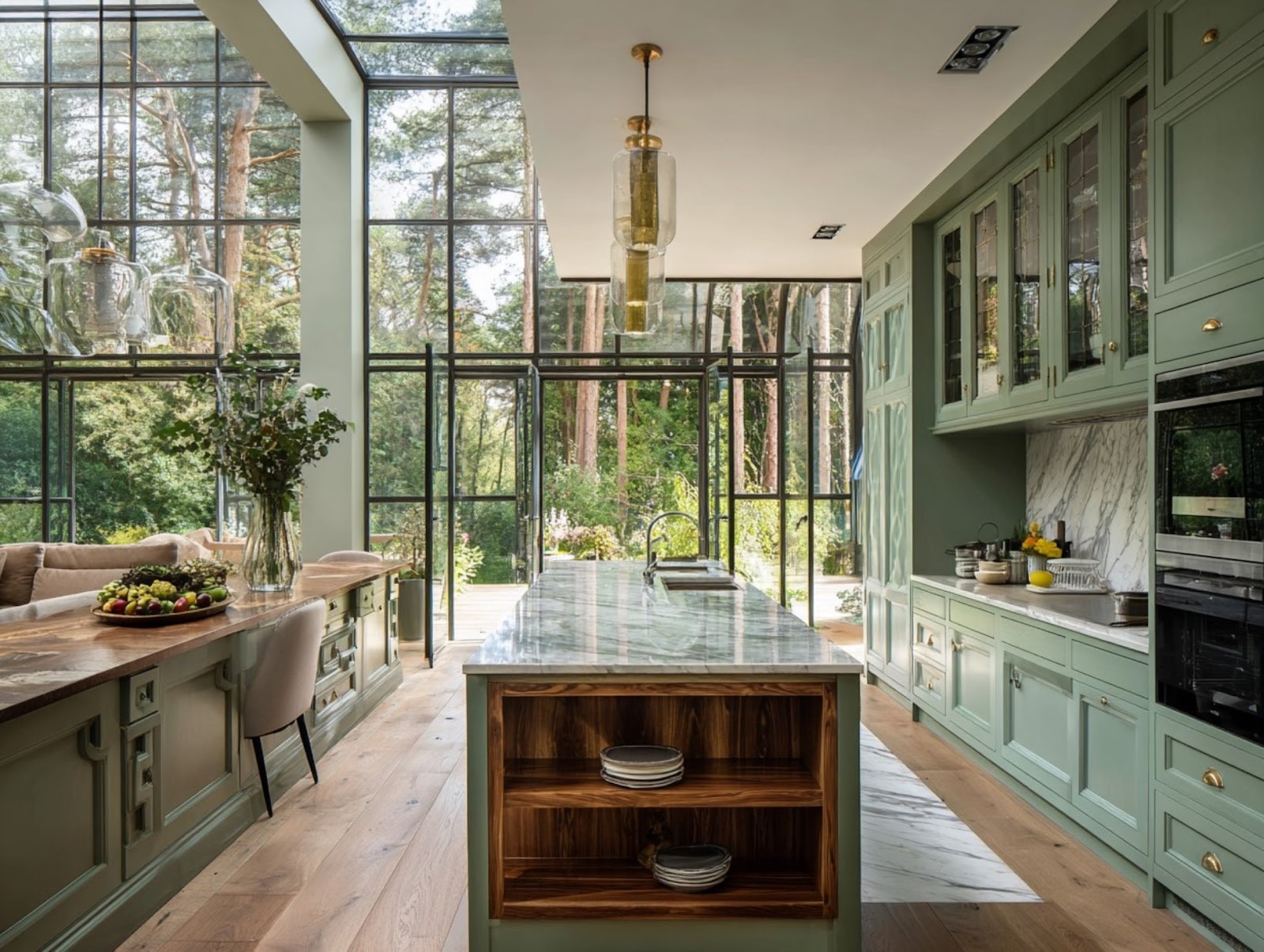 A kitchen with a large island and glass walls

Description automatically generated