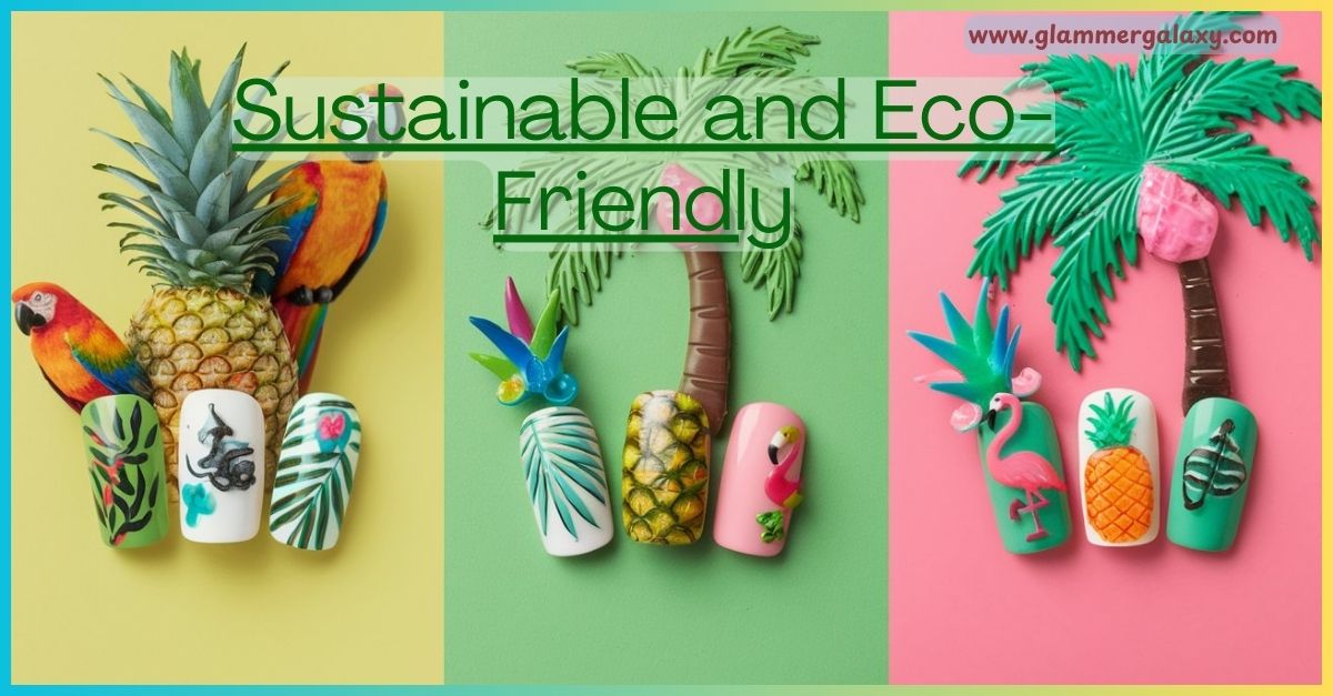 Tropical nail art designs on fingers against a colorful background with an eco-friendly theme.