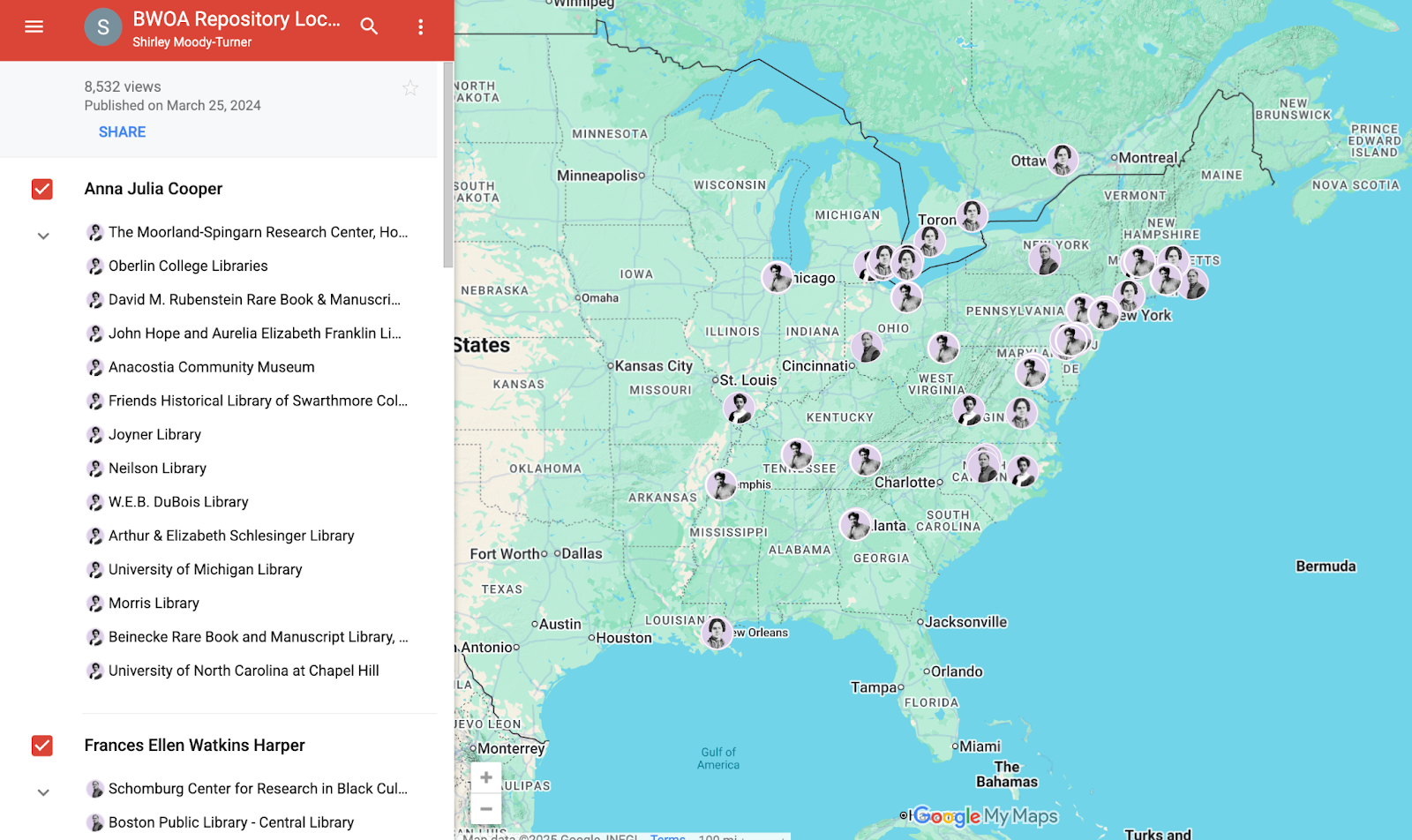 Screenshot from the Black Women Organizing Archive (BWOA)'s map visualization feature.