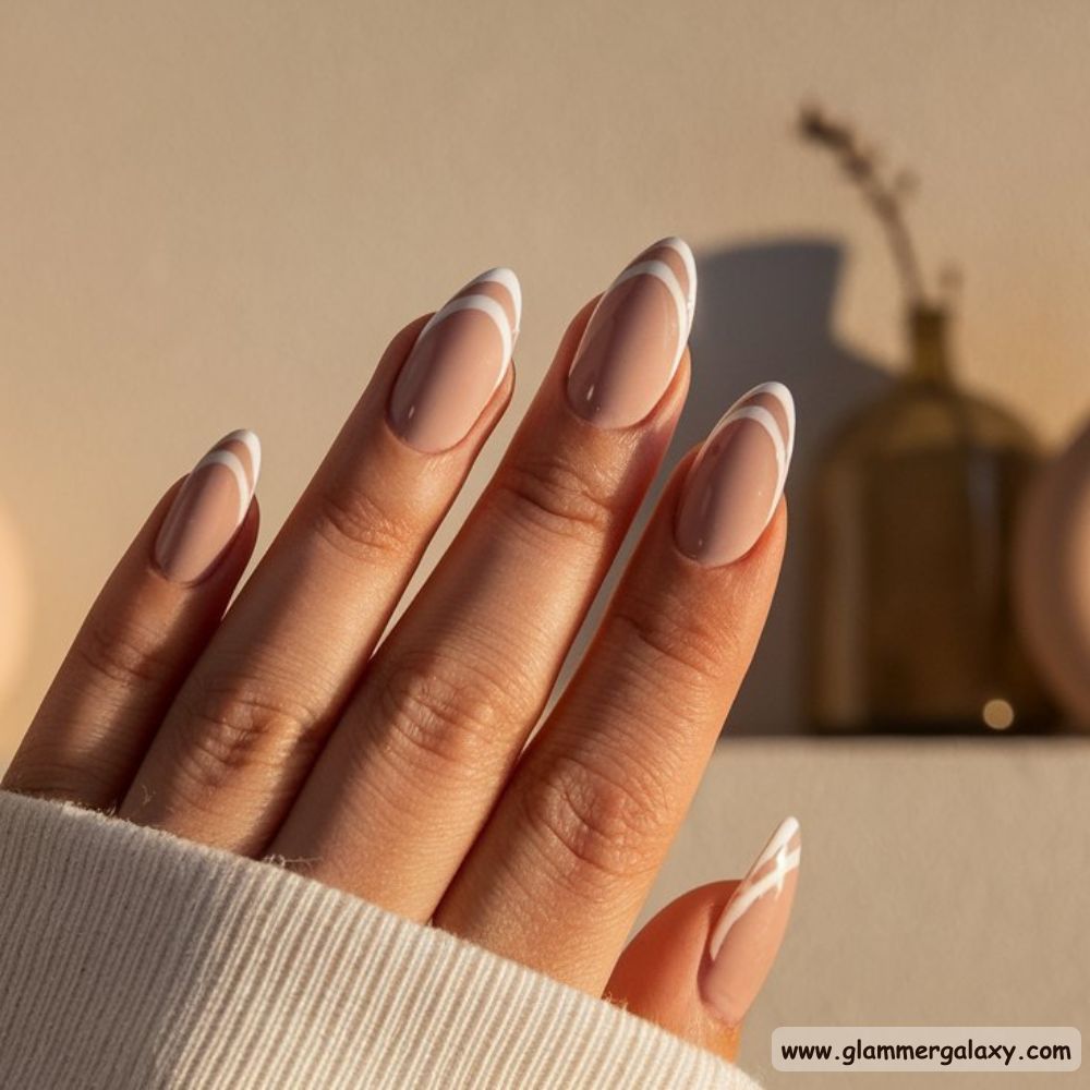 Almond Shaped Nails having Double French Designs