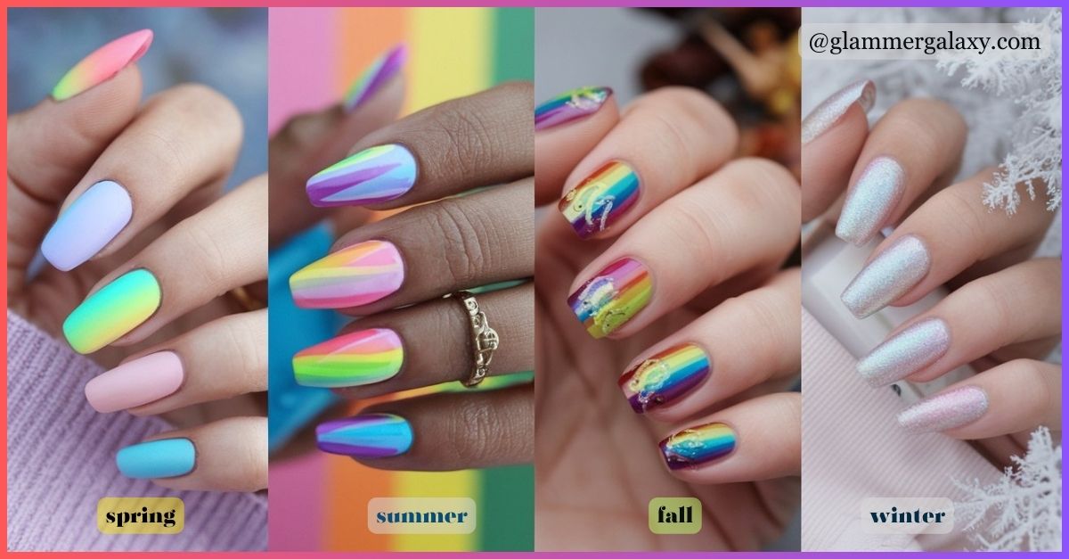 Four images of hands with season-themed nail art, labeled spring, summer, fall, winter.