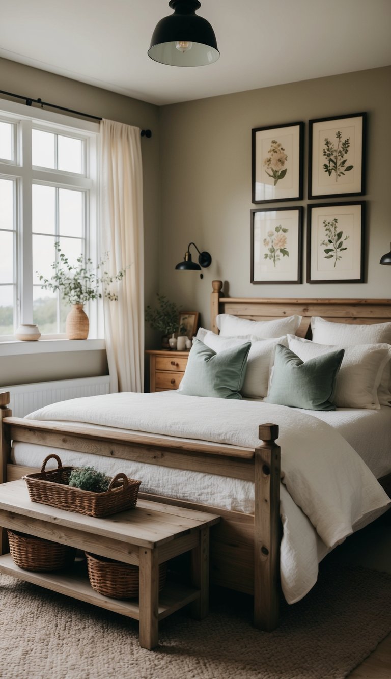 A cozy farmhouse bedroom with vintage botanical prints on the walls, rustic wooden furniture, and soft, muted colors