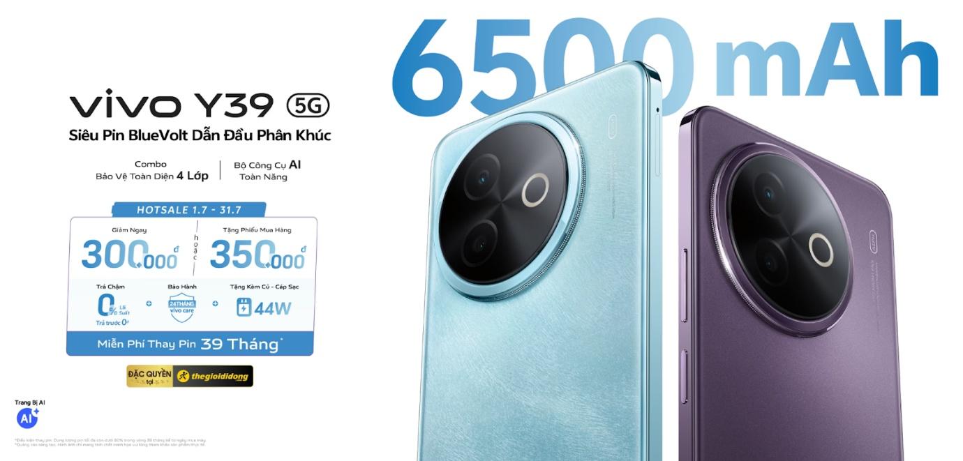 vivo Y39 5G nổi bật với siêu pin BlueVolt 6.500mAh, trải nghiệm hiện đại, bảo hành dài hơi -