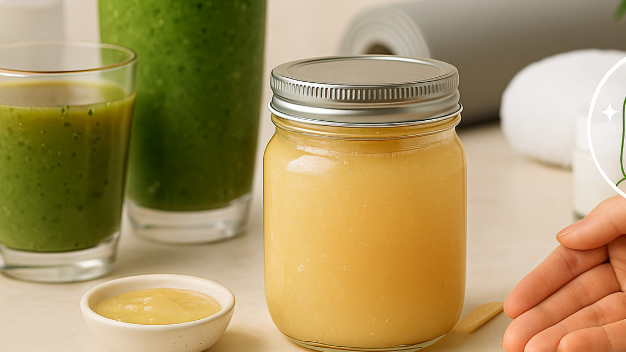 Jar of yellow smoothie with green juices in the background on a light surface