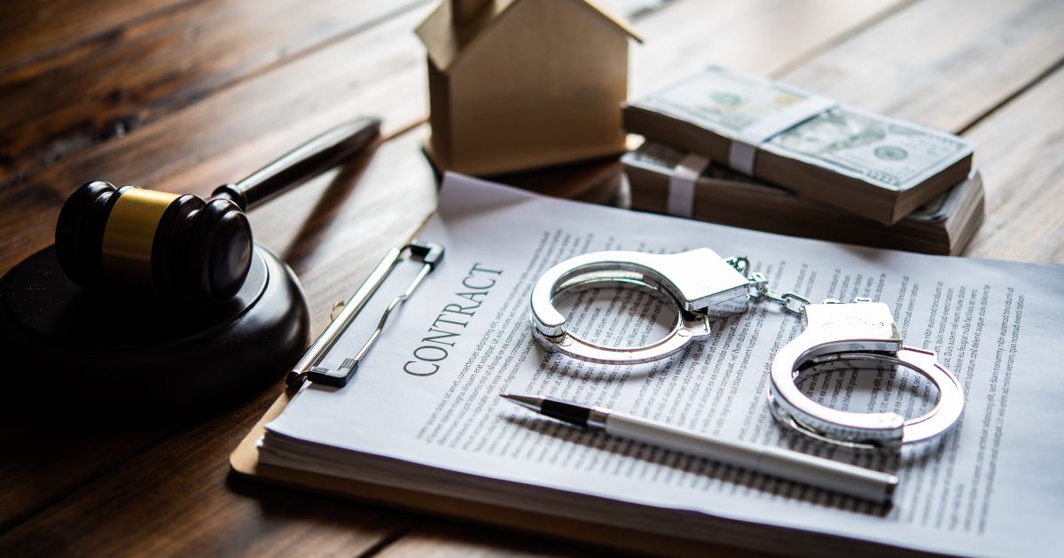 A set of handcuffs placed on top of a contract document, alongside a gavel, a pen, a clipboard, and a small model of a house. In the background, there is a stack of banknotes, symbolizing financial penalties. The image conveys themes of legal enforcement, financial consequences, and compliance, particularly in the context of Emiratisation and contractual obligations.