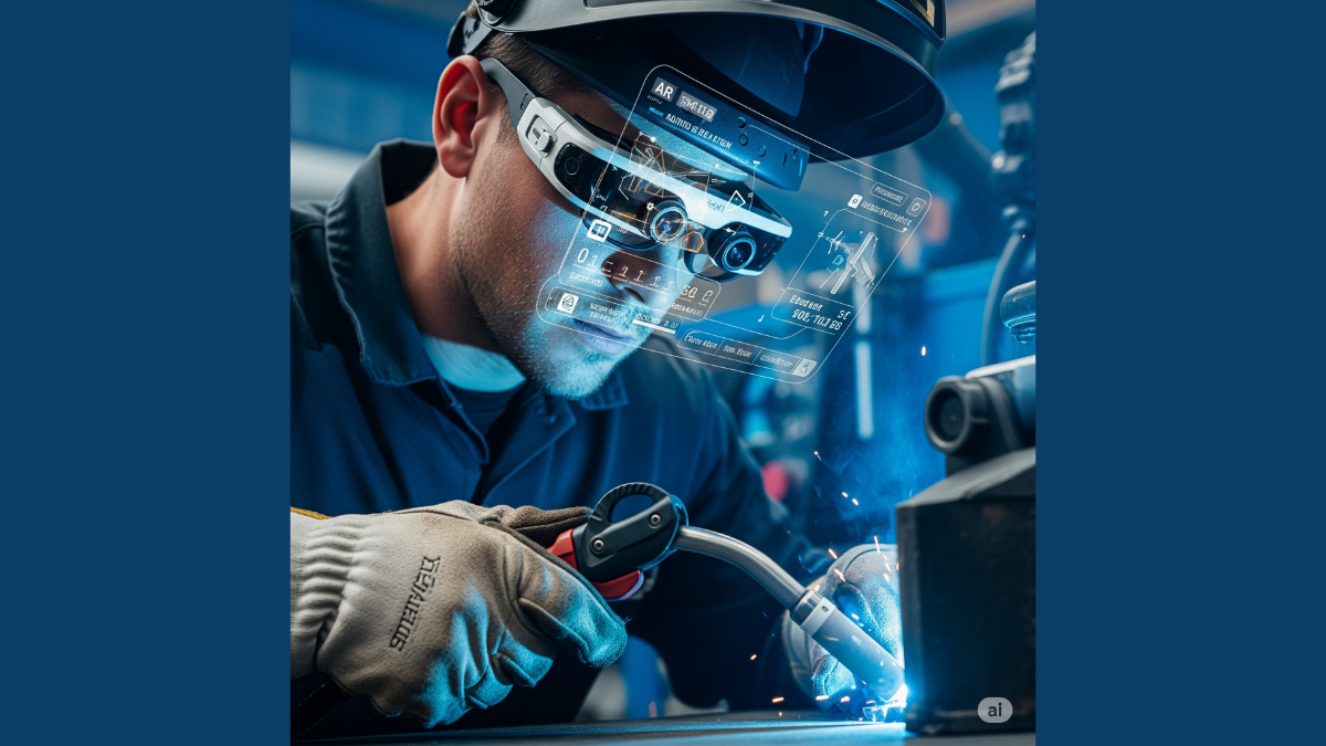 Operatore industriale che utilizza dispositivi di realtà aumentata per visualizzare informazioni AI sui difetti di saldatura direttamente sui pezzi in lavorazione