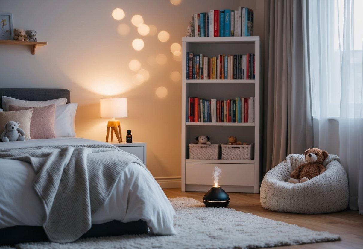 A cozy bedroom with soft lighting, a bookshelf filled with bedtime stories, a calming essential oil diffuser, a plush rug, and a comfortable bed with soft blankets and stuffed animals