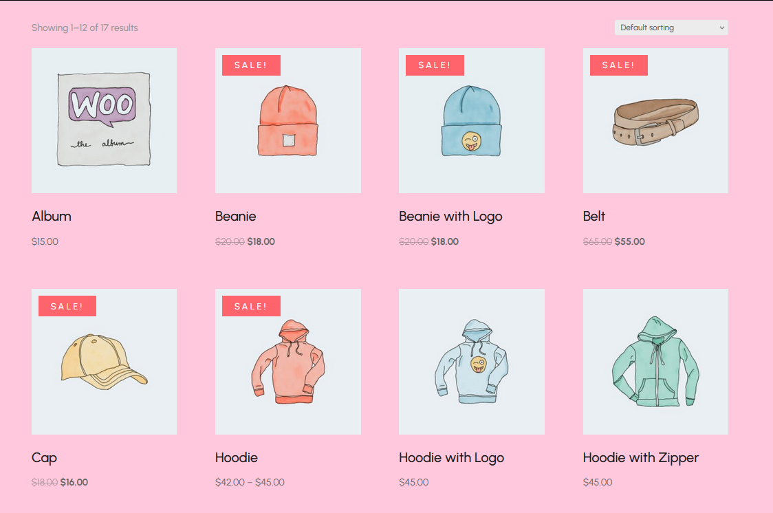 A WooCommerce shop page template with a custom background color.