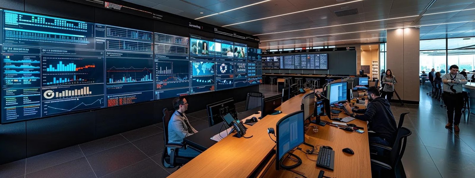 a sleek, modern office workspace is bustling with content creators engaged in collaborative discussions, surrounded by digital screens displaying analytics and flowcharts that map an intricate internal linking strategy.