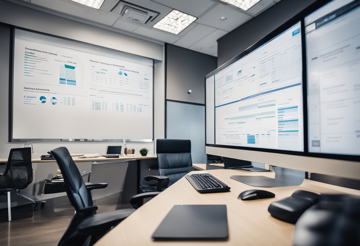 A lawyer's office with a computer screen showing keyword research tools and a whiteboard with SEO strategy diagrams