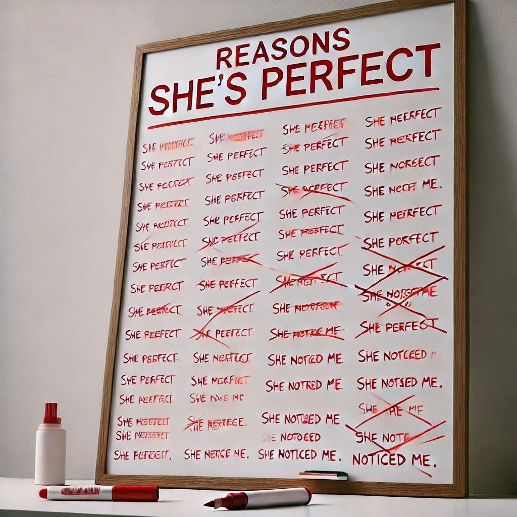 A long list of “Reasons She’s Perfect” on a whiteboard, with every reason crossed out except “She Noticed Me” – Highlighting the delusion behind limerence.