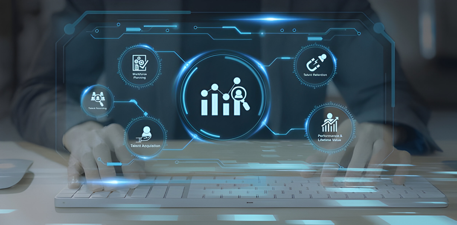 A person typing on a keyboard with a holographic interface displaying various HR and payroll management icons, representing the concept of addressing common payroll challenges.






