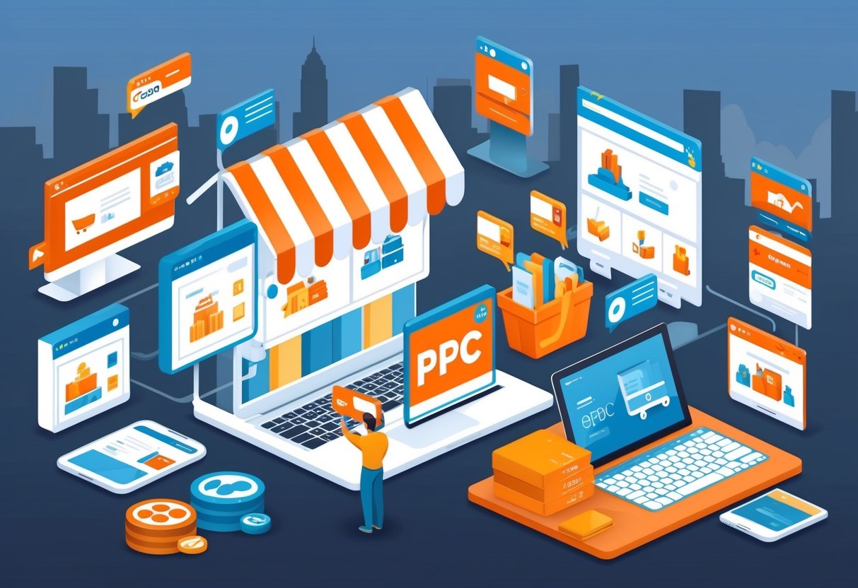 A bustling e-commerce marketplace with various products being advertised and promoted through strategically placed PPC campaigns