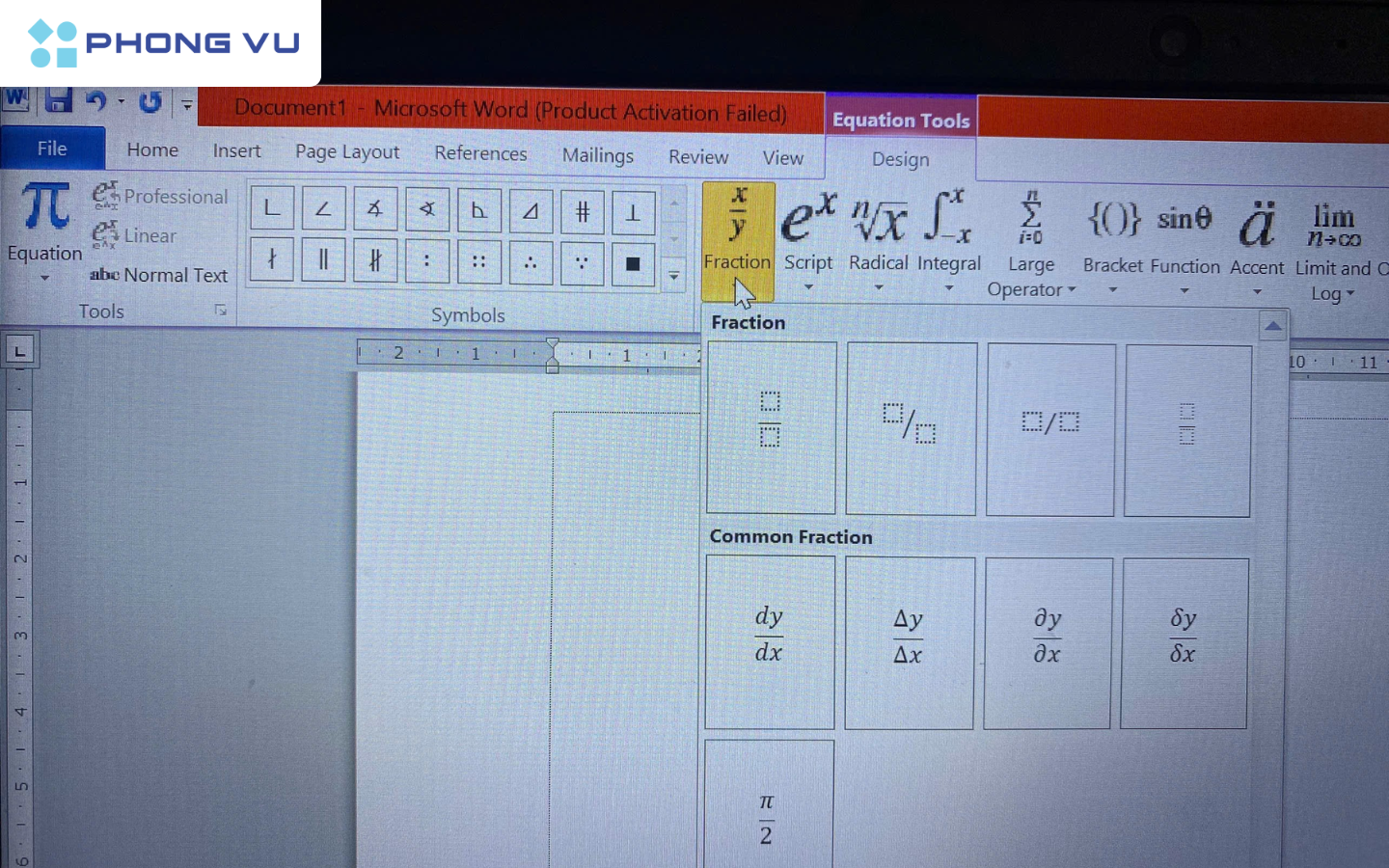 Chọn định dạng phân số muốn viết tại mục Fraction