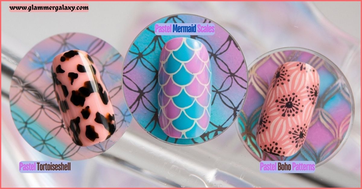  Three oval nail art samples with pastel tortoiseshell, mermaid scales, and boho patterns on a reflective surface.